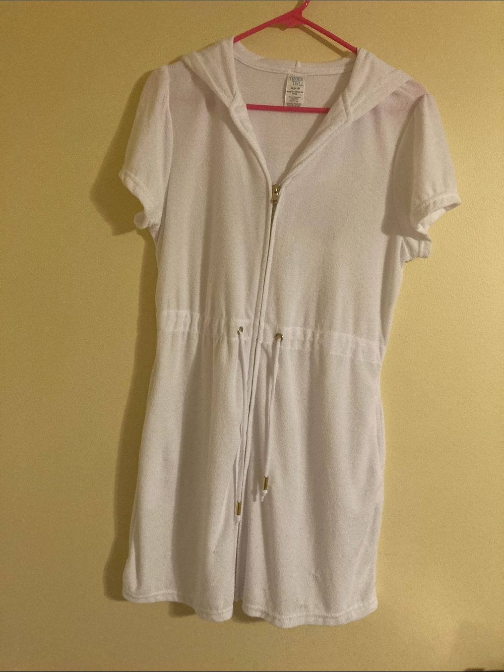 Time and Tru White Hooded Short Sleeve Zip Front Swim Coverup Dress